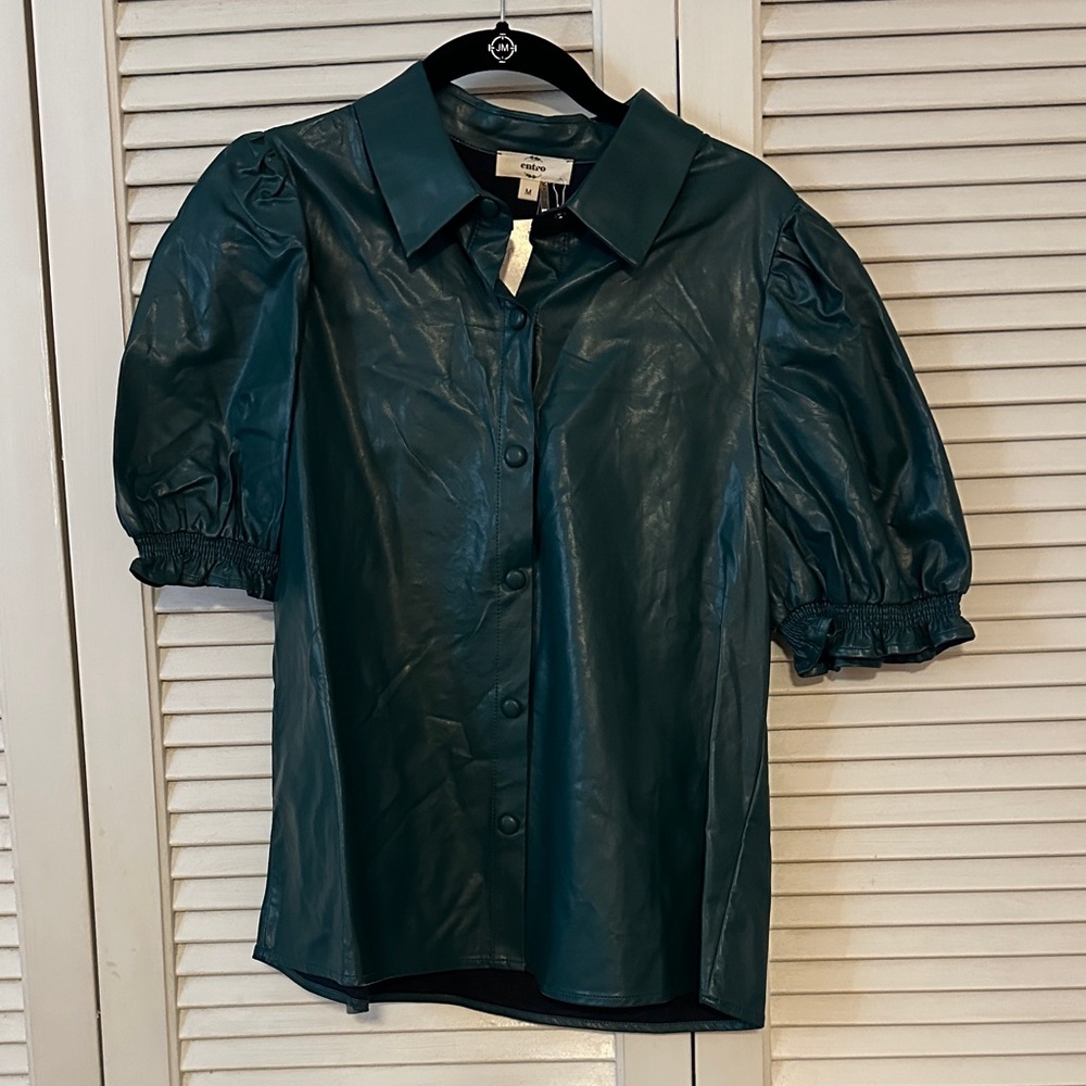 Entro Dark Green Puff Sleeve Button-Up Blouse